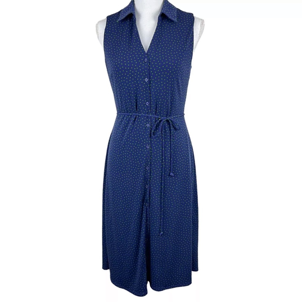 NICOLE MILLER V-NECK POLKA DOT BUTTON FRONT DRESS Sz 2 Knee Length Collared Blue